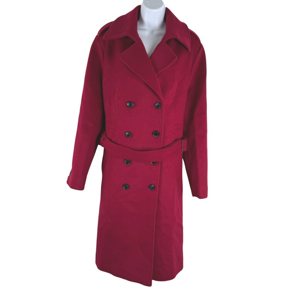 Escalier Trench Coat‎ XL Wine Red Wool Blend Double Breasted Belted NWT CJ-2111